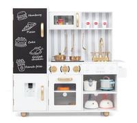 COSTWAY Kids Wooden Kitchen, Large Pretend Play Kitchen with Lights & Sounds, Blackboard, Realistic Oven, Sink, Utensils, Children Cooking Role Playset for Boys Girls (White+Golden)