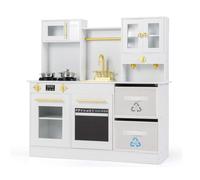 COSTWAY Kids Wooden Kitchen, Large Pretend Play Kitchen with Lights & Sounds, Microwave, Sink, Fabric Drawers, Utensils, Children Cooking Role Playset for Boys Girls (White)