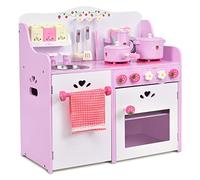 COSTWAY Kids Wooden Kitchen, Pink Strawberry Pretend Role Play Kitchen with 13-Pieces Cookware, Realistic Sound, Sink, Oven, Kitchen Playset Gift for Toddlers