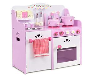 COSTWAY Kids Wooden Kitchen, Pink Strawberry Pretend Role Play Kitchen with 13-Pieces Cookware, Realistic Sound, Sink, Oven, Kitchen Playset Gift for Toddlers