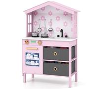 COSTWAY Kids Wooden Kitchen, Pretend Play Kitchen with 2 Stoves, Rotation Knobs, Faucet, Sink, Dishwasher, Drawers & Cabinet, Children Cooking Chef Role Playset for Boys Girls Ages 3-6 (Pink)