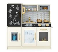 COSTWAY Kids Wooden Kitchen, Pretend Play Kitchen with Chalkboard, Sink, Microwave, Ice Maker, Utensils, Children Cooking Role Playset for 3-6 Years Old Boys Girls (Beige)