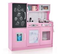 COSTWAY Kids Wooden Kitchen, Pretend Play Kitchen with Chalkboard, Sink, Microwave, Ice Maker, Utensils, Children Cooking Role Playset for 3-6 Years Old Boys Girls (Pink)