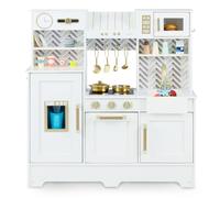 COSTWAY Kids Wooden Kitchen, Pretend Play Kitchen with Coffee Station, Microwave, Range Hood, Ice Dispenser, Stove, Oven, Cabinets & Utensils, Children Cooking Chef Role Playset for Boys Girls (White)