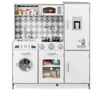 COSTWAY Kids Wooden Kitchen, Pretend Play Kitchen with Light, Sound, Ice Maker, Cooking Stove, Washing Machine, Oven, Microwave & Utensils, Large Children Chef Role Playset for Boys Girls