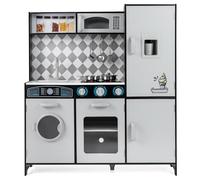 COSTWAY Kids Wooden Kitchen, Pretend Play Kitchen with Light, Sound, Ice Maker, Washing Machine, Oven, Microwave & Utensils, Large Children Chef Role Playset for Boys Girls (Grey+Black)
