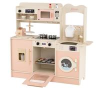 COSTWAY Kids Wooden Kitchen, Pretend Play Kitchen with Light, Sound, Sink & Faucet, Microwave Oven, Coffee Machine, Ice Dispenser, Utensils, Children Chef Role Playset for Boys Girls (Pink)