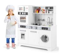 COSTWAY Kids Wooden Kitchen, Pretend Play Kitchen with Light, Sound, Sink & Faucet, Oven, Washing Machine, Microwave, Water Dispenser, Utensils, Children Chef Role Playset for Boys Girls (White)