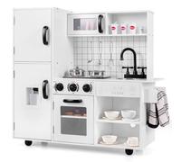 COSTWAY Kids Wooden Kitchen, Pretend Play Kitchen with Lights & Sounds, Realistic Oven, Sink, Utensils, Children Cooking Role Playset for 3+ Years Old (White+Black)
