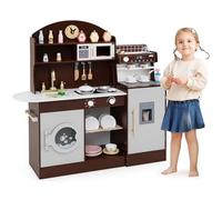 COSTWAY Kids Wooden Kitchen, Pretend Play Kitchen with Sink, Microwave, Washing Machine, Ice & Coffee Makers, Accessories, Children Cooking Role Playset for 3+ Years Old Boys Girls (Brown)