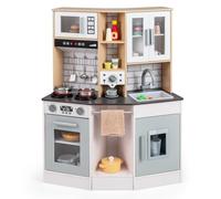 COSTWAY Kids Wooden Kitchen, Pretend Play Kitchen with Stove, Sink, Range Hood, Ice Maker, Coffee Machine, Microwave, Oven, Sound & Light, Children Chef Role Playset for Boys Girls (Grey + White)