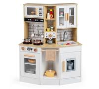 COSTWAY Kids Wooden Kitchen, Pretend Play Kitchen with Stove, Sink, Range Hood, Ice Maker, Coffee Machine, Microwave, Oven, Sound & Light, Children Chef Role Playset for Boys Girls (Natural + White)