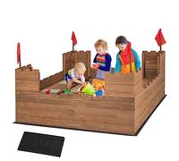 COSTWAY Kids Wooden Sandpit, 116x113cm Sand Play Station with Built-in Bench Seats, Storage Boxes, Flags and Protective Bottom Liner, Children Sandbox for Garden Bench