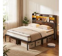 Costway King Size Bed Frame w/LED Lights&Charging Station Metal Platform Bed in Brown COSTWAY Brown