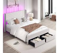 Costway King Size Bed Frame w/LED Lights Dutch Velvet Upholstered Platform Bed in Beige COSTWAY Beige