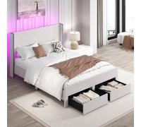 Costway King Size Bed Frame With Led Lights Dutch Velvet Bed With 2 Storage Drawers-Beige
