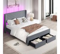 Costway King Size Bed Frame With Led Lights Dutch Velvet Bed With 2 Storage Drawers-Grey