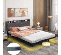 Costway King Size Floating Bed Frame Led Lights Modern Platform Bed W/ Headboard & Charging Station