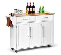 COSTWAY Kitchen Island Cart, Large Storage Trolley with 2 Drawers, 2 Cabinets, Knife Rack, 4 Lockable Wheels & Rubber Wooden Tabletop, Mobile Serving Utility Cart, 122 x 46 x 92cm (White)