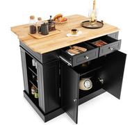 Costway Kitchen Island Storage Cupboard W/ Drop Leaf Countertop & Side Racks 2-Door Cabinet