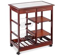 COSTWAY Kitchen Serving Trolley, Rolling Storage Bar Cart with Tile Worktop, Wine Racks, Mesh Baskets, Drawers & Shelves, Wooden Kitchen Island on Wheels for Home Restaurant (Burgundy)