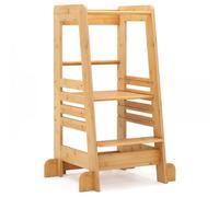 Costway Kitchen Step Stool For Toddlers Bamboo Kids Standing Tower With Safety Rail