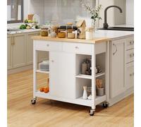 Costway Kitchen Trolley Cart Rolling Kitchen Island W/ Cabinet & Rubber Wood Top