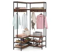 COSTWAY L-Shaped Clothes Rack, Corner Hall Tree Coat Rack with Shoe Storage Bench, Shelves and 7 Hooks, Metal Frame Freestanding Garment Coat Stand for Hallway Entryway Bedroom (Walnut+Black)