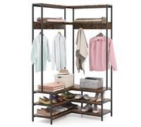 COSTWAY L-Shaped Clothes Rack, Corner Hall Tree Coat Rack with Shoe Storage Bench, Shelves and 7 Hooks, Metal Frame Freestanding Garment Coat Stand for Hallway Entryway Bedroom (Rustic Brown+Black)