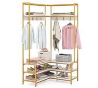 COSTWAY L-Shaped Clothes Rack, Corner Hall Tree Coat Rack with Shoe Storage Bench, Shelves and 7 Hooks, Metal Frame Freestanding Garment Coat Stand for Hallway Entryway Bedroom (White+Golden)