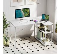 Costway L-shaped Computer Desk w/Power Outlet Workstation w/Reversible Shelves in White COSTWAY White