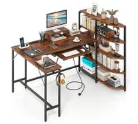 Costway L Shaped Desk Corner Computer Desk With Storage Shelves-Brown
