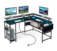 Costway L-Shaped Gaming Desk Computer Desk W/ Led Lights & Power Outlets-Black