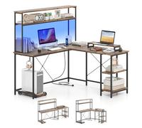 Costway L-Shaped Gaming Desk Reversible Corner Computer Desk W/ Led Strip-Brown