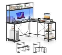 Costway L-Shaped Gaming Desk Reversible Corner Computer Desk w/LED Strip in Black COSTWAY Black