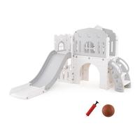 Costway L Shaped Kids Slide And Climber Playset With Basketball Hoop-Grey