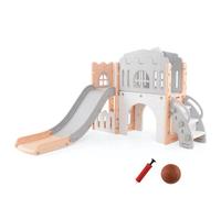 Costway L Shaped Kids Slide And Climber Playset With Basketball Hoop-Pink