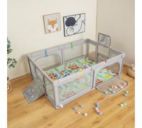 Costway Large Baby Playpen Safe Play Yard W/ Basketball Hoop & Mat-Light Grey