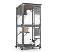 COSTWAY Large Cat House, Wooden Cat Enclosure on Wheels with Resting Box, Jumping Platforms, Escape Doors & Weatherproof Asphalt Roof, Kitten Catio for Outdoor Indoor