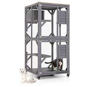 COSTWAY Large Cat House, Wooden Cat Enclosure on Wheels with Resting Box, Jumping Platforms, Escape Doors & Weatherproof Asphalt Roof, Kitten Catio for Outdoor Indoor (80 x 76 x 163cm)