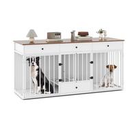 COSTWAY Large Dog Crate Furniture, Heavy Duty Dogs Cage with Double Doors, Divider, 3 Drawers, Pull-out Feeding Bowls, Indoor Puppy Kennel Side Table TV Stand (Brown+White)