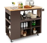 COSTWAY Large Kitchen Island on Wheels, Mobile Serving Trolley Cart with Rubber Wood Top, 4 Adjustable Shelves, Drawer, Spice Racks & Towel Rack, Utility Storage Cart for Kitchen Dining Room (Brown)