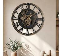 COSTWAY Large Wall Clock, 27”/68cm Metal Non-Ticking Decorative Clock, Battery-Operated Wall Decoration for Living Room Bedroom Kitchen (Gear Clock with World Map)
