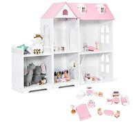 COSTWAY Large Wooden Dolls House, 2 in 1 Kids Bookcase Dollhouse with Furniture and Accessories, 2 Storey Pretend Play Set for Girls Boys (Pink)