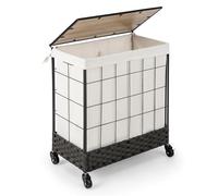 COSTWAY Laundry Basket on Wheels, 110L/130L Woven Rattan Laundry Hamper with Wooden Lid and Removable Liner Bag, Metal Frame 2-Compartment Laundry Sorter Dirty Clothes Bin Washing Basket (56x33x67cm)