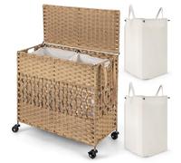 COSTWAY Laundry Basket on Wheels, 110L Foldable Rattan Laundry Hamper with Lid & 2 Removable Liner Bags, 2-Compartment Rolling Dirty Clothes Sorter Wicker Washing Basket for Bathroom Bedroom (Natural)