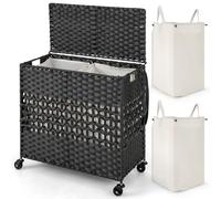 COSTWAY Laundry Basket on Wheels, 110L Foldable Rattan Laundry Hamper with Lid & 2 Removable Liner Bags, 2-Compartment Rolling Dirty Clothes Sorter Wicker Washing Basket for Bathroom Bedroom (Black)