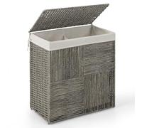 COSTWAY Laundry Basket with Lid, 110L Foldable Laundry Hamper with 2 Compartments, Removable Liner Bag & Handles, Handwoven Synthetic Rattan Dirty Clothes Sorter Bin Washing Basket for Bathroom, Grey