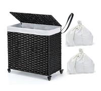 Costway Laundry Hamper W/ Wheels & Lid 125L Large 3 Sections Clothes Hamper W/ 2 Liner Bag Black