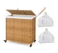 Costway Laundry Hamper W/ Wheels & Lid 125L Large 3 Sections Clothes Hamper W/ 2 Liner Bag Natural